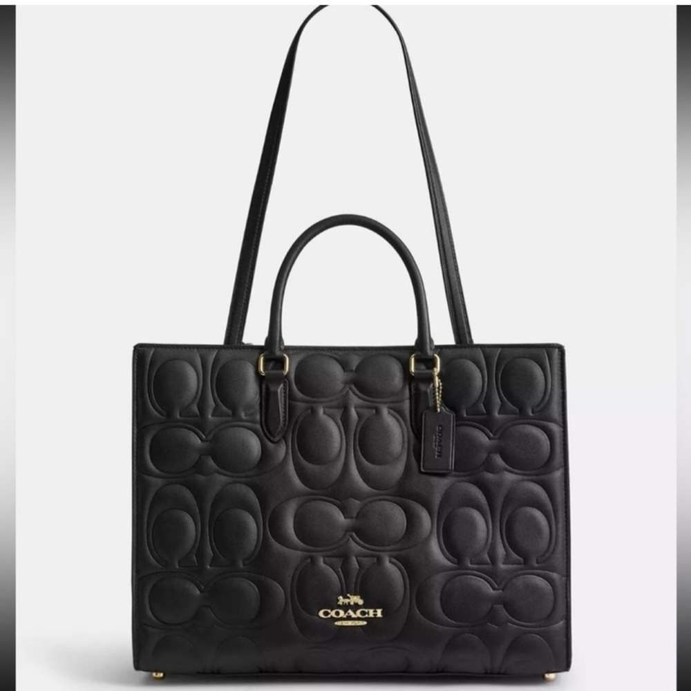 Coach Block Signature Embossed Maggie Tote Bag black